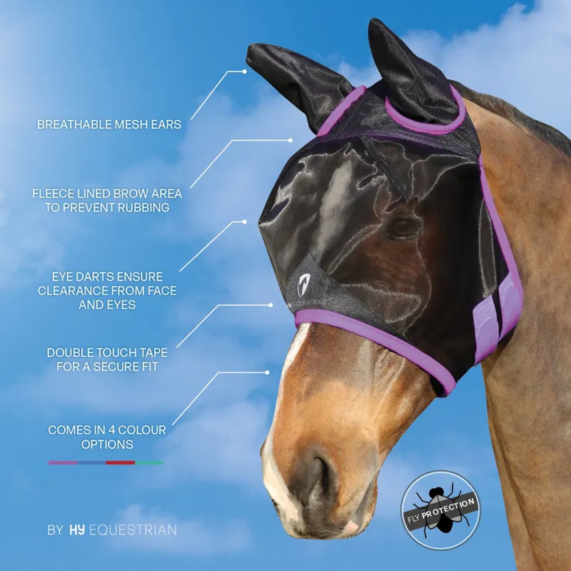 Hy Equestrian Mesh Half Mask With Ears - Black/Grape Royal-1